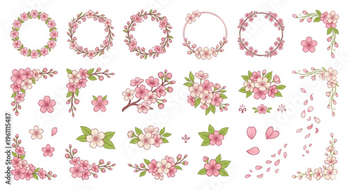 Spring Season Travel Icons Set with Japanese Landmarks