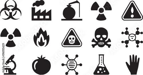 Toxic hazard vector illustration for science tattoo or safety logo. Glyph pictograms of skull, flame and laboratory flask symbols