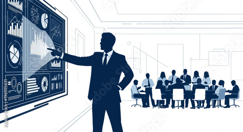 Businessman presenting on large screen.
