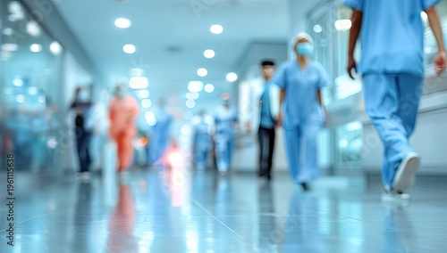 Blurred modern hospital corridor with medical personnel walking