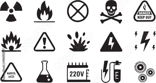 Laboratory hazard vector illustration for science tattoo or safety logo. Glyph pictograms of flames, explosion, lightning bolt, beaker and 220V text