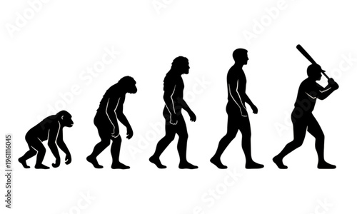 Human Evolution Progressing to Baseball Player Silhouette