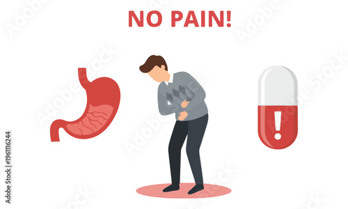 Stomach Pain Relief Concept with Man and Medicine Capsule