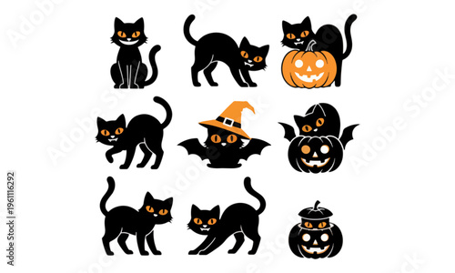 Black Halloween Cats Collection with Jack O Lanterns and Bat Wings
