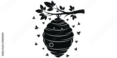 Beehive hanging from tree branch, buzzing bees flying, natural pollination habitat, ecosystem balance, honey production, silhouette art, flat vector illustration