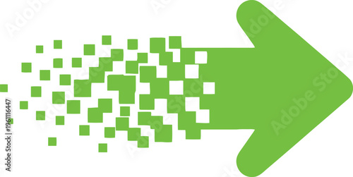 Green arrow dissolving into pixels on white background