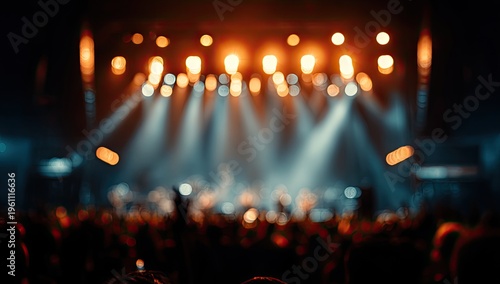 Blurred concert scene with stage lights illuminating a cheering crowd in darkness