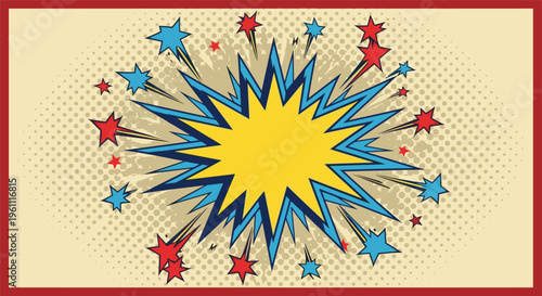 Vibrant comic book explosion with blue rays and red and blue stars on beige background in pop art style for advertising