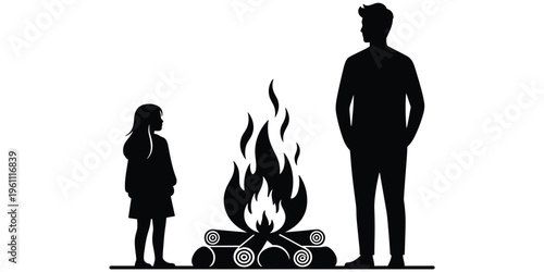 Campfire scene illustration, child and adult bonding, outdoor camping night, storytelling moment, family connection, warmth and comfort, flat vector illustration