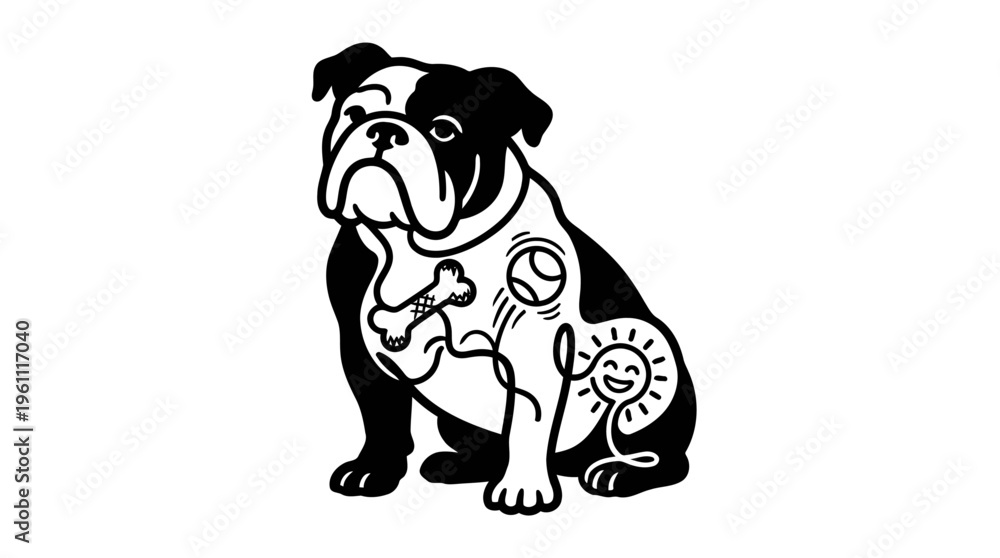 Obraz premium Minimalist Bulldog with Comic Elements Line Art, Monochrome Vector Illustration of Pet Humor and Playfulness