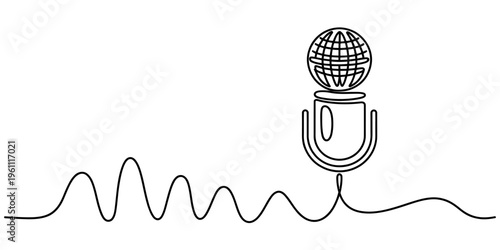 Minimalist continuous line art of a vintage microphone with a globe and sound wave frequency Vector, illustration