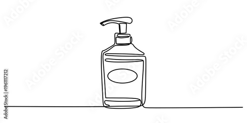 Continuous line drawing of a liquid soap or hand sanitizer bottle with a pump dispenser. Vector, illustration