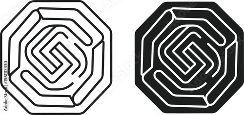 Octagonal maze labyrinth outline and solid versions