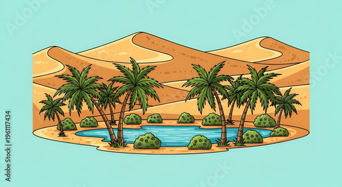 Oasis landscape illustration with palm trees and desert dunes reflecting in a serene blue waterhole perfect for travel backgrounds