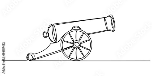Continuous line drawing of a vintage cannon on wheels isolated on a white background. Vector, illustration