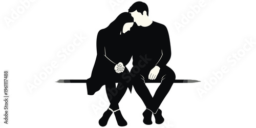Couple sitting on pencil bench, romantic love moment, artistic companionship, symbolic design, emotional closeness, creative silhouette, flat vector illustration