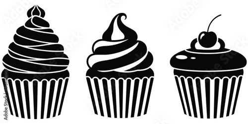 Cupcake dessert silhouette, bakery sweet treats, frosting swirl design, cherry topping art, striped liners, delicious pastry illustration, flat vector illustration