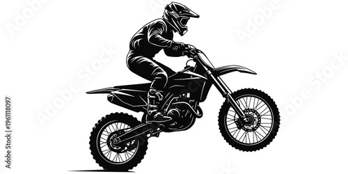 Dirt bike rider jumping, motocross sport action, off‑road motorcycle racing, extreme adventure, helmet safety gear, dynamic motion, flat vector illustration