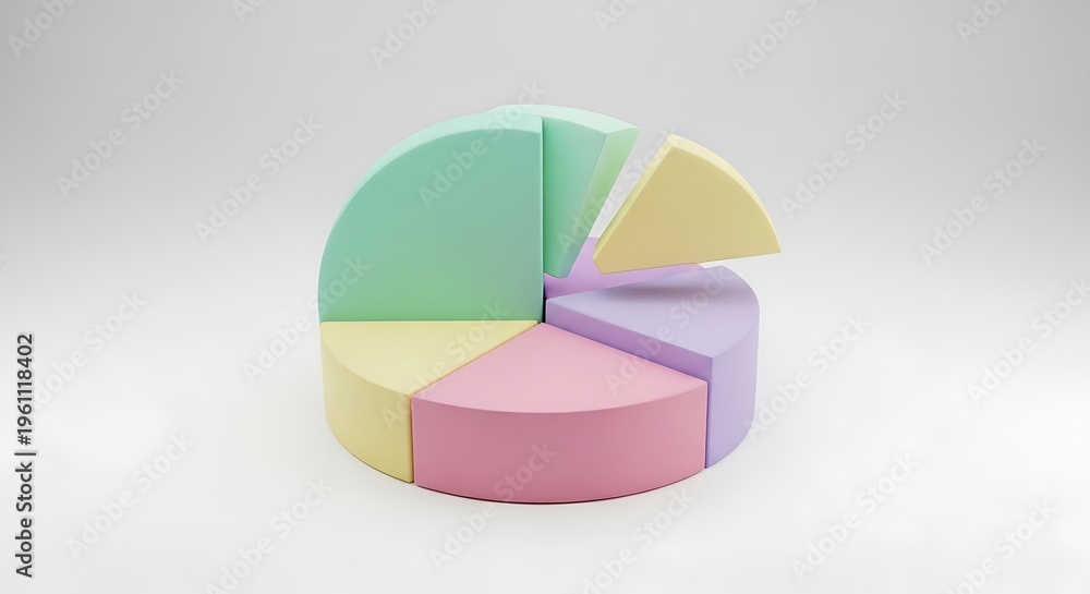 Fototapeta premium Pastel pie chart with five colorful sections; one partially detached, on a white background