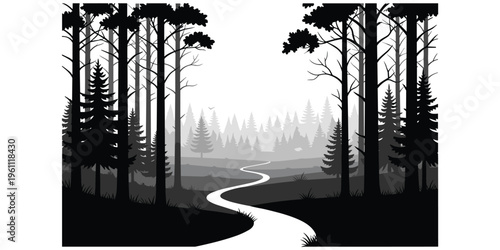 Forest landscape silhouette, tall trees illustration, winding path design, misty background scene, peaceful solitude nature, birds flying, flat vector illustration
