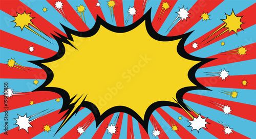 Vibrant comic book explosion burst in red blue and yellow dynamic colorful illustration for graphic design