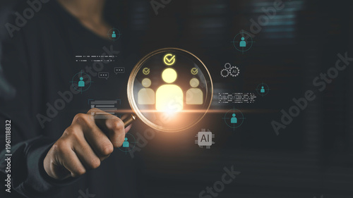 AI customer targeting and CRM analytics concept with magnifying glass audience segmentation. Business intelligence, data analysis, client profiling, digital strategy and smart marketing optimization.