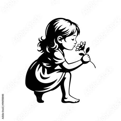 Minimal black and white silhouette illustration of a young girl gently smelling a flower capturing innocence childhood curiosity mindfulness and peaceful connection with nature in a clean vector style