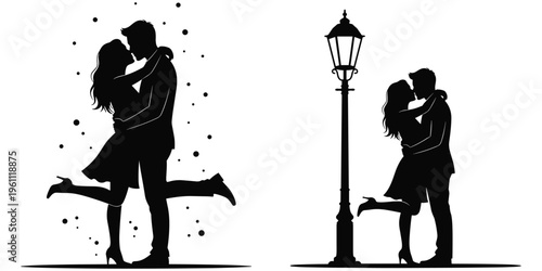 Romantic couple kissing silhouette, dreamy love scene, streetlamp ambiance, lifted leg posture, intimate connection, magical atmosphere, flat vector illustration