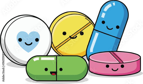 to be a piece of digital art or graphic design that anthropomorphizes medication—giving pills and capsules cute, cartoon-style faces and expressions.