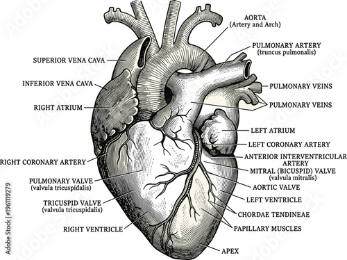 Detailed human heart anatomy with labeled parts, vintage medical illustration