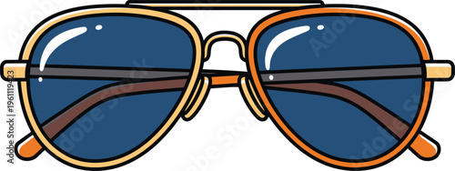 Sunglasses, a stylish pair of classic aviator glasses with reflective blue lenses and prominent gold frames, depicted in a clean cartoon style, ready for summer fashion and travel themes.