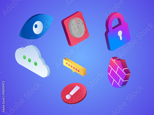Creative data protection concept featuring shield, padlock, cloud and biometrics in bright purple, pink, blue, yellow, and red colors.