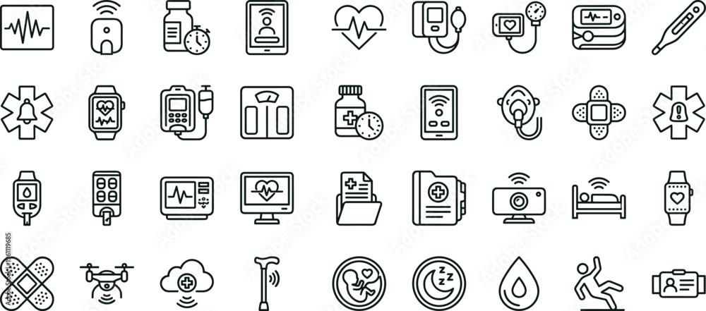 Fototapeta premium Medical monitoring outline icon set with healthcare diagnostic equipment wearable devices hospital technology symbols for apps dashboards interfaces presentations