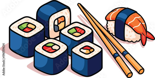 Assortment of delicious sushi rolls and nigiri are presented next to a pair of wooden chopsticks for a Japanese meal.