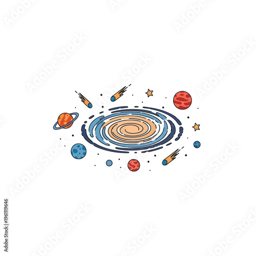 Colorful Galaxy and Planets Illustration with Stars and Spacecraft.