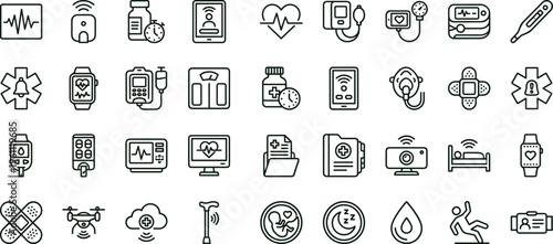 Medical monitoring outline icon set with healthcare diagnostic equipment wearable devices hospital technology symbols for apps dashboards interfaces presentations