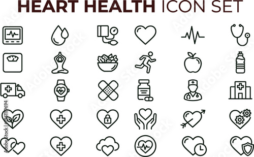 Heart health outline icon set with wellness lifestyle monitoring medical prevention symbols for healthcare apps interfaces dashboards presentations education