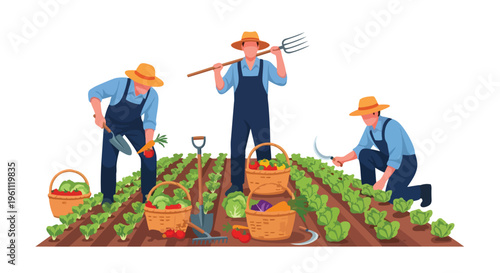 Flat 2D cartoon illustration of three professional workers in a lush green field on Labor Day, engaged in farming activities with tools and baskets.