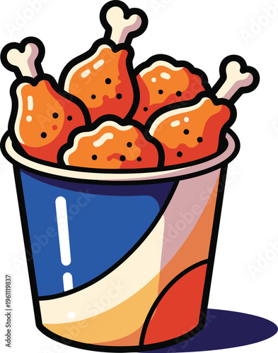Bucket of crispy fried chicken drumsticks and thighs is illustrated as a fast food icon on a white background.