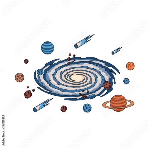 Colorful Galaxy with Planets, Asteroids, and Comets Illustration.