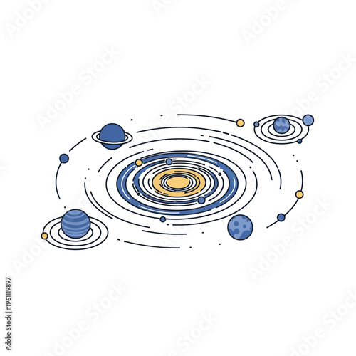 Stylized Solar System Illustration with Planets and Orbits.