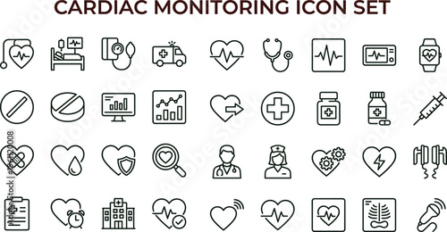 Cardiac monitoring outline icon set with healthcare diagnostics heart tracking medical equipment symbols for apps dashboards interfaces presentations education
