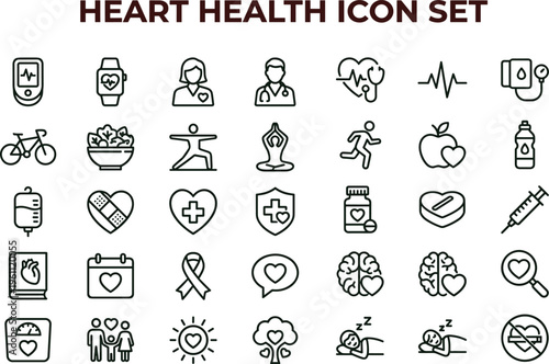 Heart health outline icon set with medical wellness lifestyle monitoring symbols for fitness apps healthcare interfaces presentations education dashboards