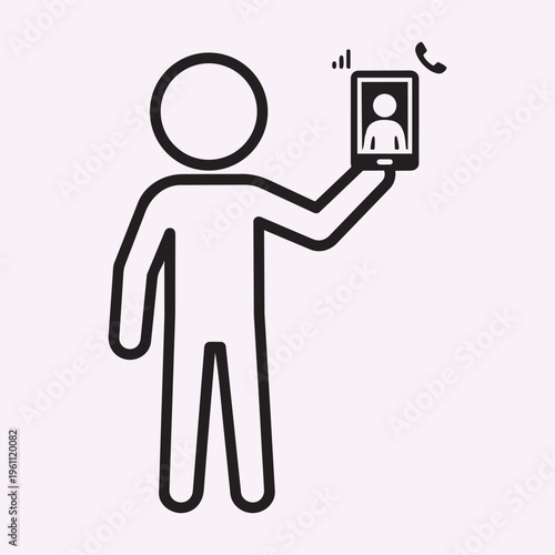 Stick Figure Holding Phone Eye Level Video Call Concept Abstract Screen Minimal Black Vector Silhouette Illustration