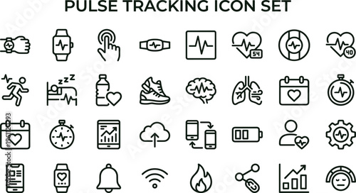 Pulse tracking outline icon set with wearable heart rate monitoring fitness healthcare symbols for mobile apps dashboards interfaces analytics presentations