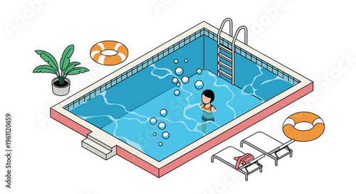Isometric view of a refreshing swimming pool with stairs and poolside accessories illustrates a relaxing summer vacation spot.