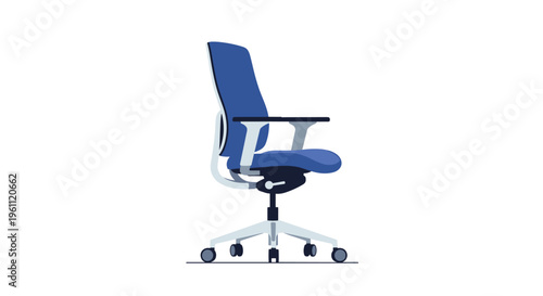 Modern blue office chair with adjustable armrests and wheels is presented as a professional seating solution.