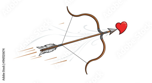 Curved wooden bow shooting an arrow with a red heart tip illustrates the concept of love and Cupid-themed romantic gestures.