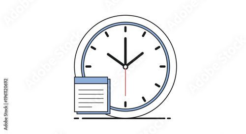 Round wall clock positioned behind a small blue document illustrates the concept of time management and meeting deadlines.