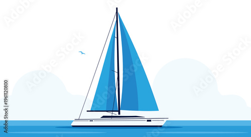 Large white sailboat with bright blue sails cruising on a calm ocean represents travel, luxury, and marine adventure.